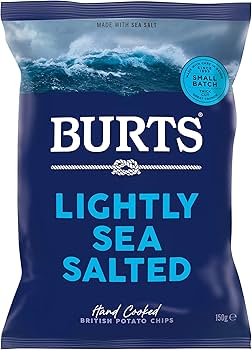 A bag of Burts Hand Cooked Potato Chips in Lightly Sea Salted flavor. The packaging features a deep blue background with the white Burts logo and text reading 'Hand Cooked in Devon