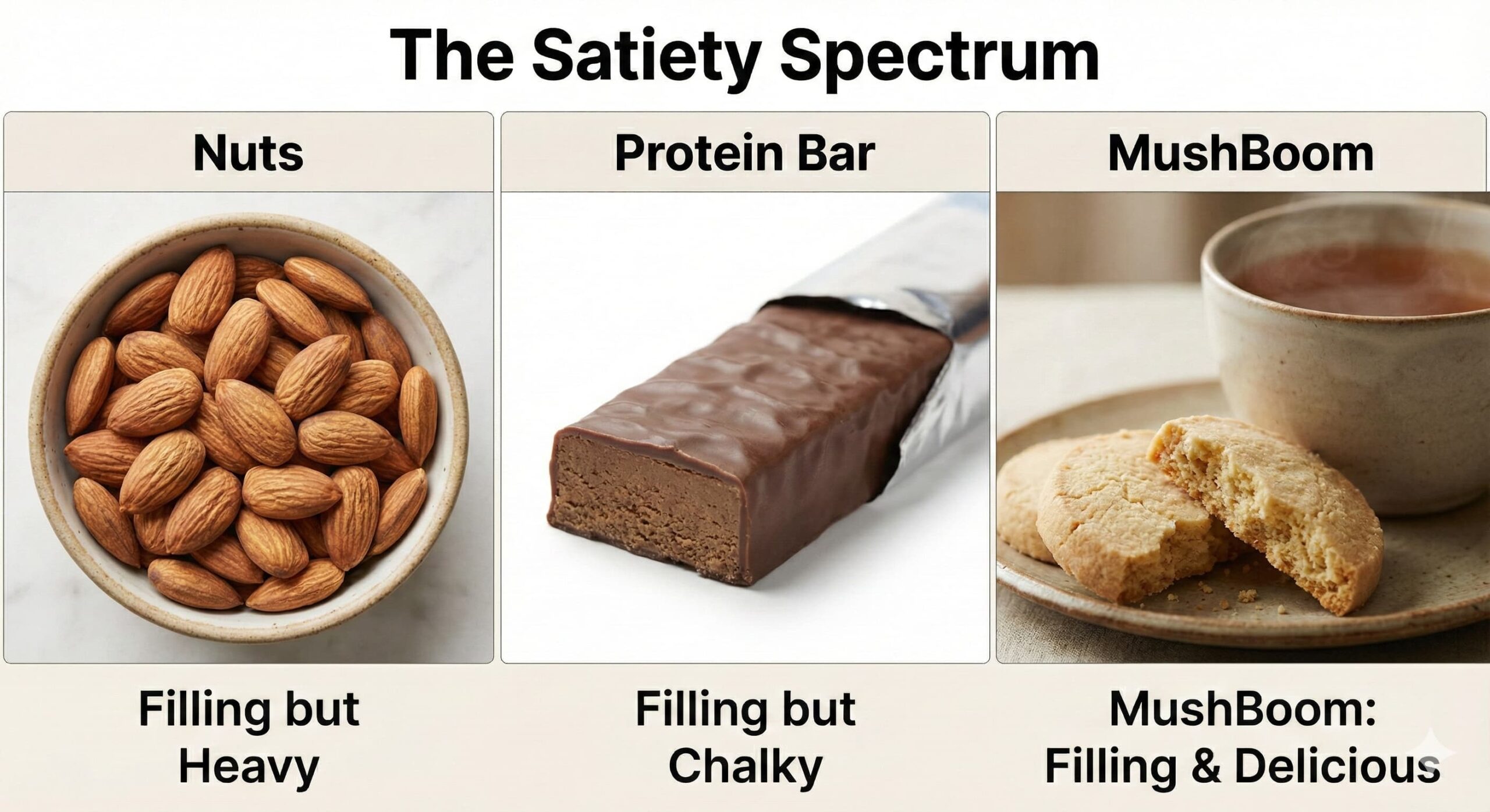 Comparison of filling snacks UK showing nuts, protein bars, and MushBoom mycoprotein shortbread.