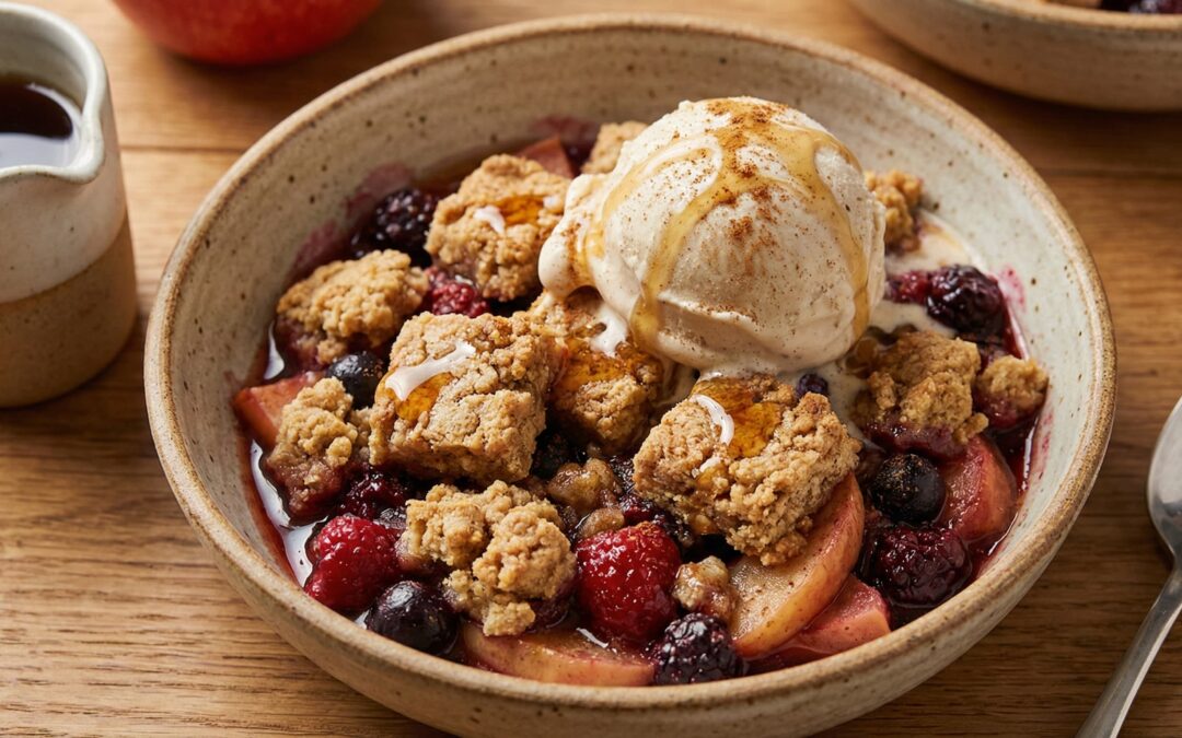 High-Protein Apple & Berry Shortbread Crumble with Ice Cream