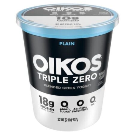 A single black cup of Oikos Triple Zero Greek Yogurt.