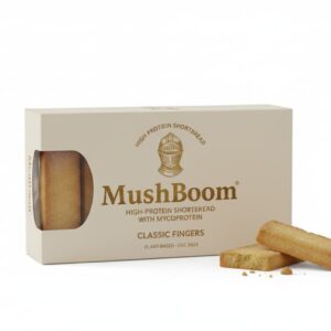 MushBoom high-protein shortbread biscuits and packaging, a filling and delicious everyday snack alternative made with sustainable mycoprotein for sustained energy.
