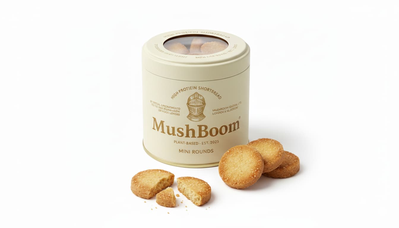 mushboom_tins MushBoom high-protein shortbread tin collection, featuring the white Classic Tin